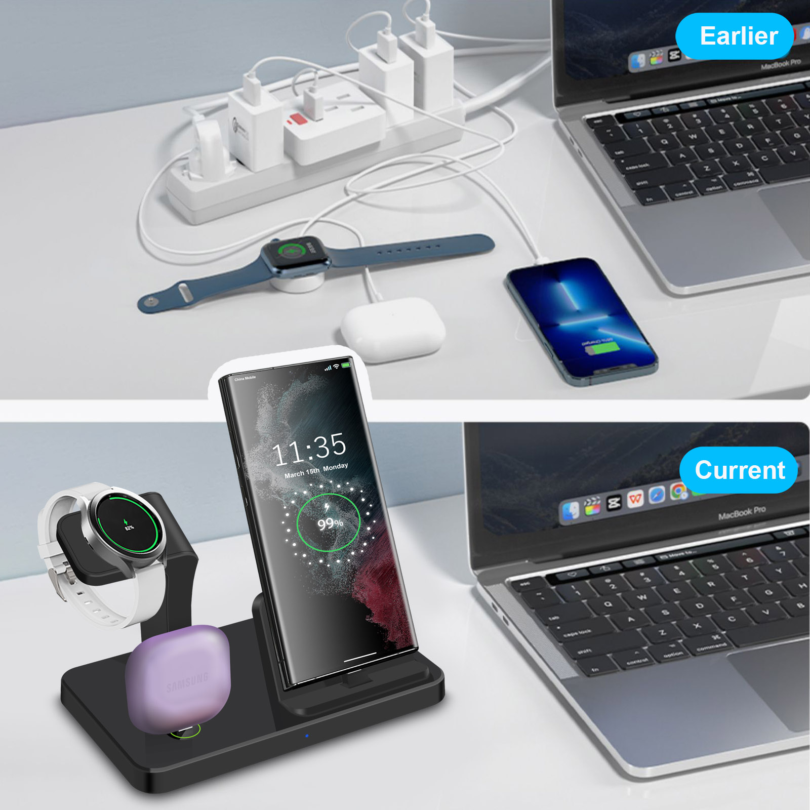 Desk 3 in 1 Type C Port Wirele - Wireless Charger Watch ulasan dan harga